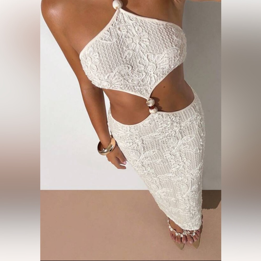 Crochet Cutout Midi Skirt in Cream